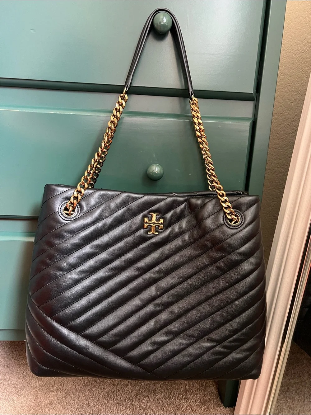 Tory Burch Black Quilted Kira Chevron Tote Bag